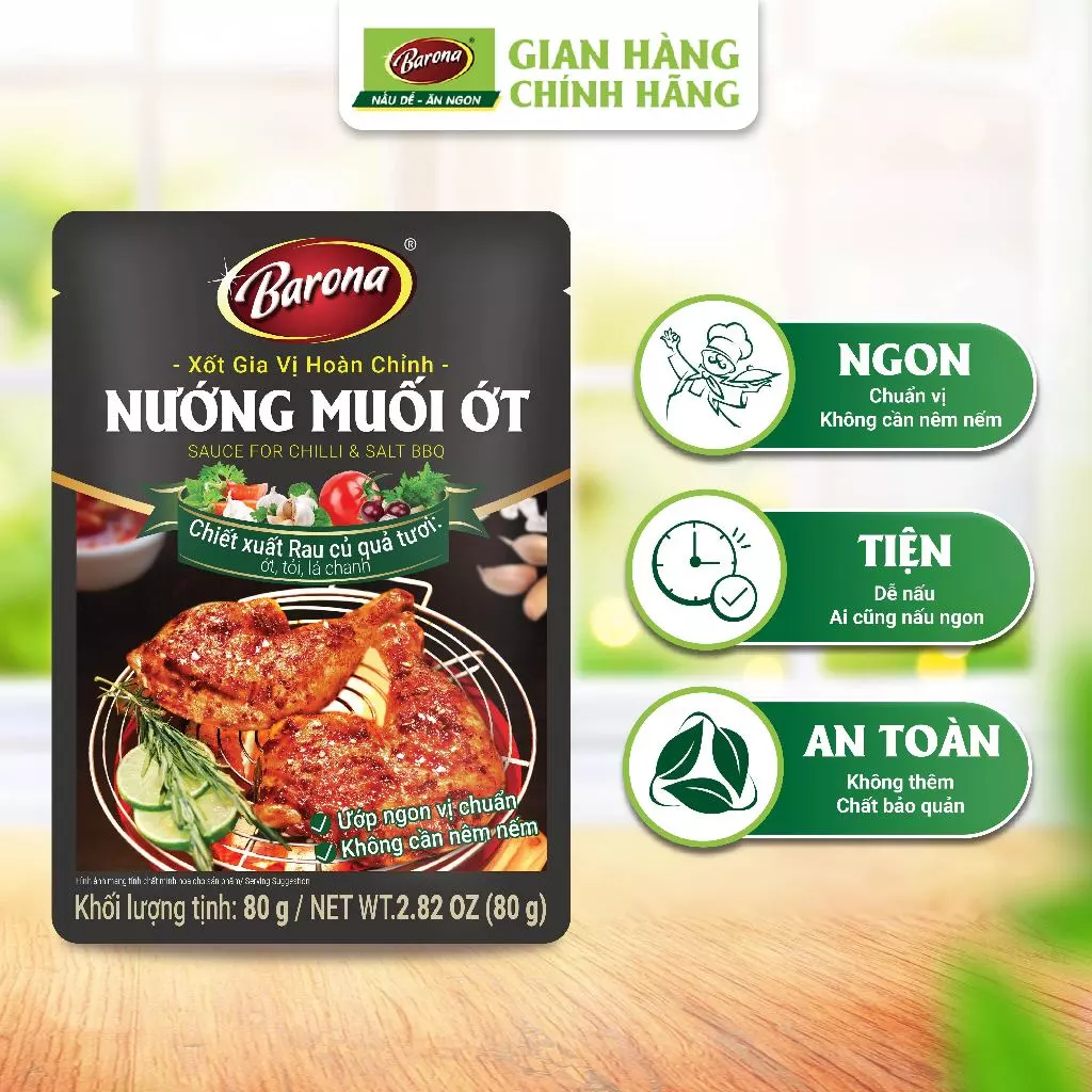 Gói Xốt gia vị hoàn chỉnh Barona - Nướng Muối Ớt 80g/ gói, ướp chuẩn vị