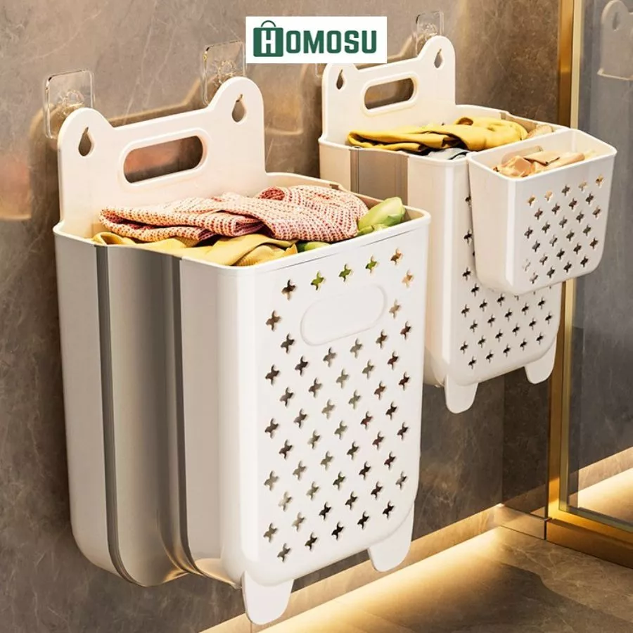 Giỏ Đựng Quần Áo Bẩn Gấp Gọn, Giỏ Quần Áo Treo Tường Để Nhà Tắm, Sọt Nhựa Đựng Quần Áo Gấp Gọn Trặng Miếng Dán Q050