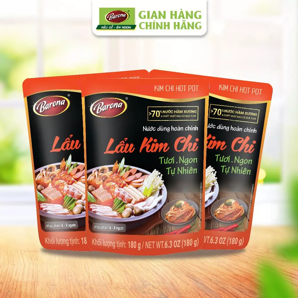Bộ 3 gói gia vị nấu Nước dùng Lẩu Kim Chi Barona 180g tươi ngon chuẩn vị