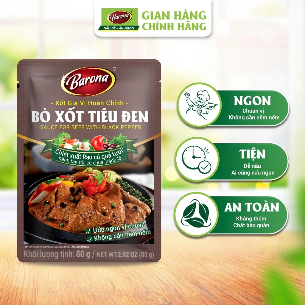 Gói Xốt Gia Vị hoàn chỉnh Barona - Bò Xốt Tiêu Đen 80g/gói, ướp chuẩn vị