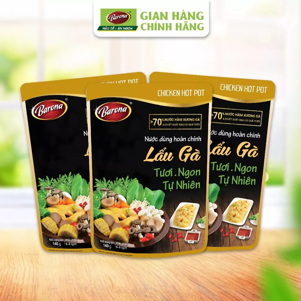 Bộ 3 gói xốt gia vị nấu Nước dùng Lẩu Gà Barona 140g/gói, tươi ngon chuẩn vị