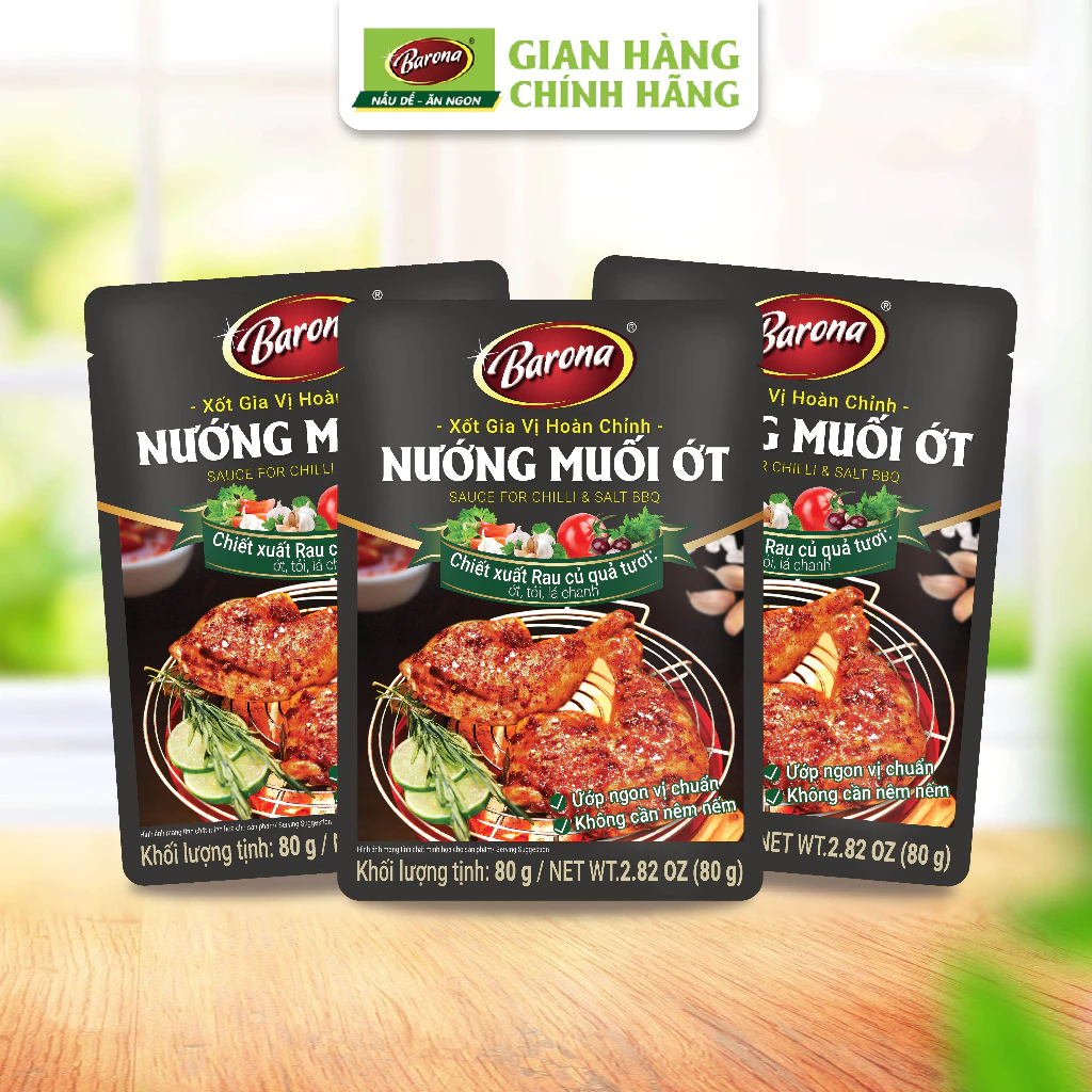 Bộ 3 Gói Gia Vị hoàn chỉnh Barona - Nướng Muối Ớt 80g/gói, ướp chuẩn vị