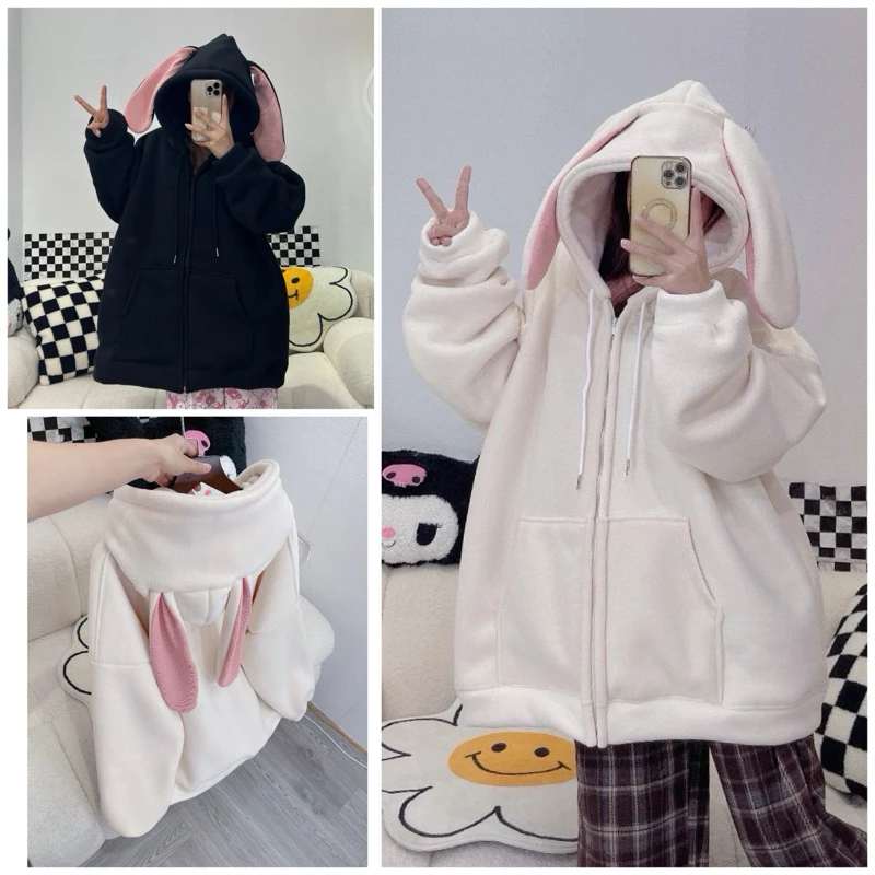 [Mã Giảm 10k] Áo Khoác Nỉ Phối Tai Thỏ Hồng Nữ Hoodie Zip Mũ Rộng 2 Lớp Chất Nỉ Bông Dày Dặn Ấm Áp Phong Cách Trẻ Trung