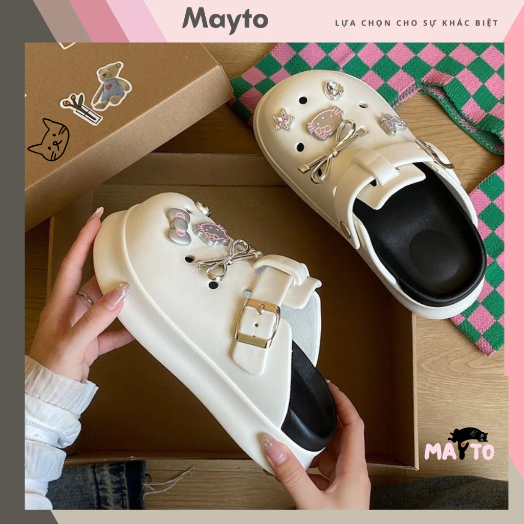Dép nữ, dép sục Mayto đế cao 5cm kèm charm Mèo nơ bạc SR V2 kiểu sandal dễ thương năng động CS-199
