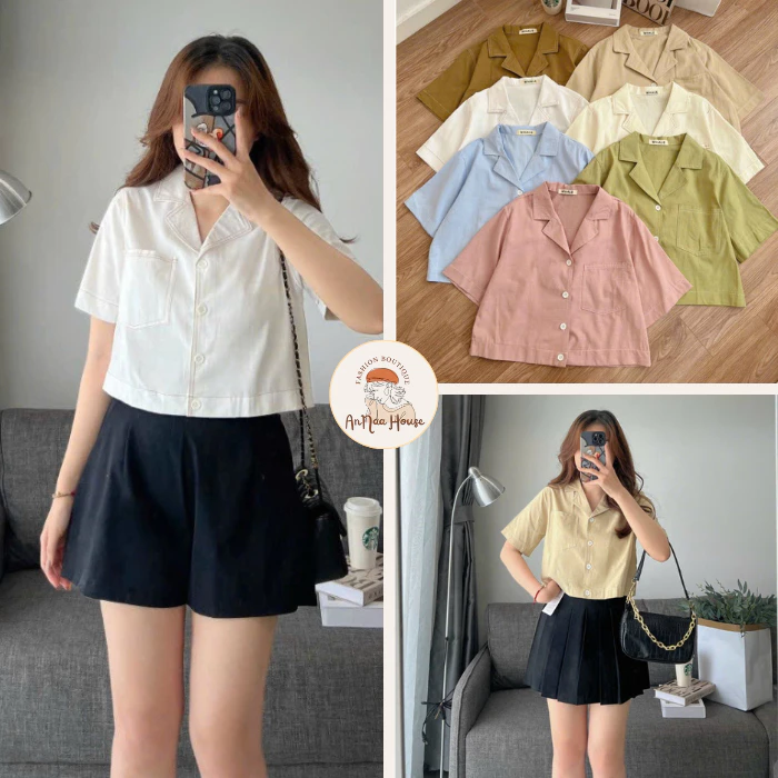 Áo sơ mi croptop nữ ANNA HOUSE áo blazer nữ tay ngắn vải thô đũi mềm mát áo sơ mi dáng ngắn