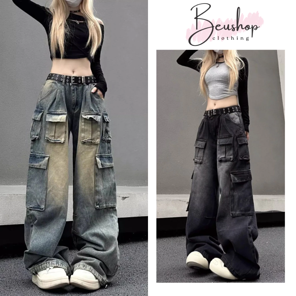 Quần Jean Nữ Túi Hộp WASH RETRO Dáng Suông Ống Rộng Quần Túi Hộp Cargo Pants Phong Cách HIPHOP MIAA