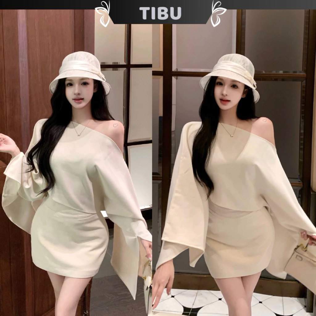 Set Áo Lệch Vai Tay Loe Phối Chân Váy TIBU Set Đồ Nữ Sang Chảnh Đi Chơi Dạo Phố Thu Đông B595
