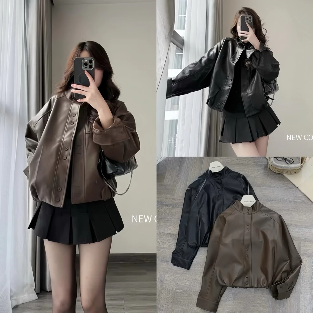 (HÀNG QCCC SẴN) Áo khoác Nữ bomber da bo gấu CỔ TÀU NEW 2025 form OVERSIZE phù hợp cho mùa thu đông