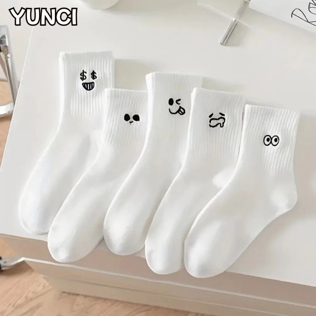 Set 5 Đôi Vớ Trắng Cổ Trung Họa Tiết Biểu Cảm Hoạt Hình Dễ Thương Dành Cho Nữ MynaBra tt39