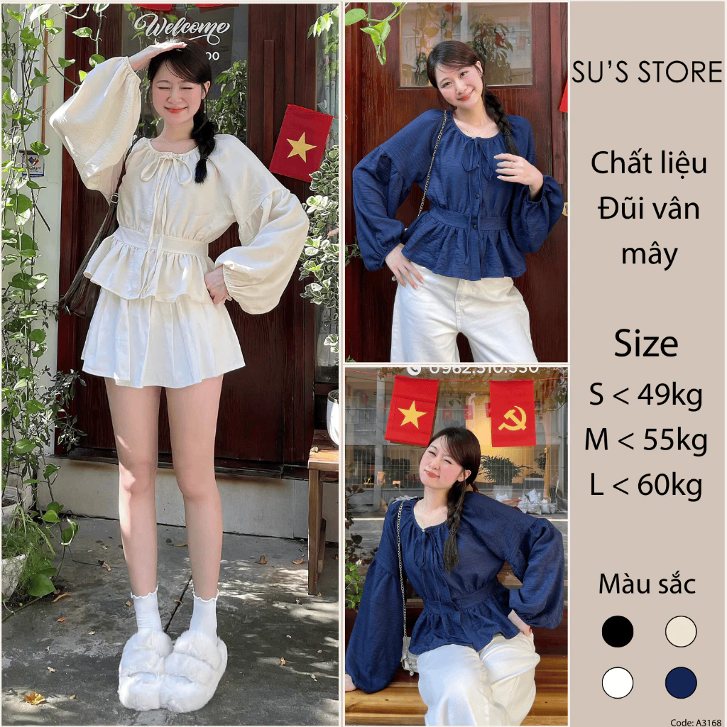 Áo Sơ Mi Cổ Nơ Tay Bồng Thân Bo Eo Chun Lưng Chất Đũi A3168 Susstore Thời Trang Nữ