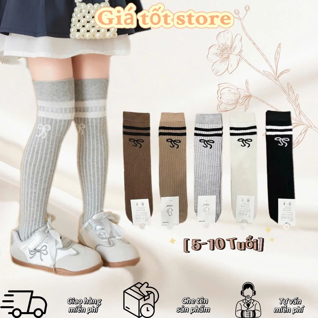 Set 5 Đôi Tất Đùi Vớ Đùi Chất Cotton Tăm Cho Bé Gái Phối Kẻ Cổ Hoạ Tiết Nơ Style Hàn Tone Trầm 5-10 Tuổi mã te106