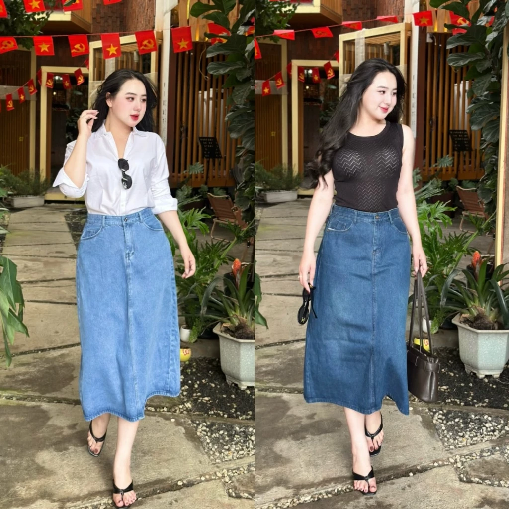 Chân Váy jean Dài Cạp Cao Dáng Suông Dài Thanh Lịch BigSize 55-90kg Rẻ Đẹp Xẻ Sau Phom chữ A 4535
