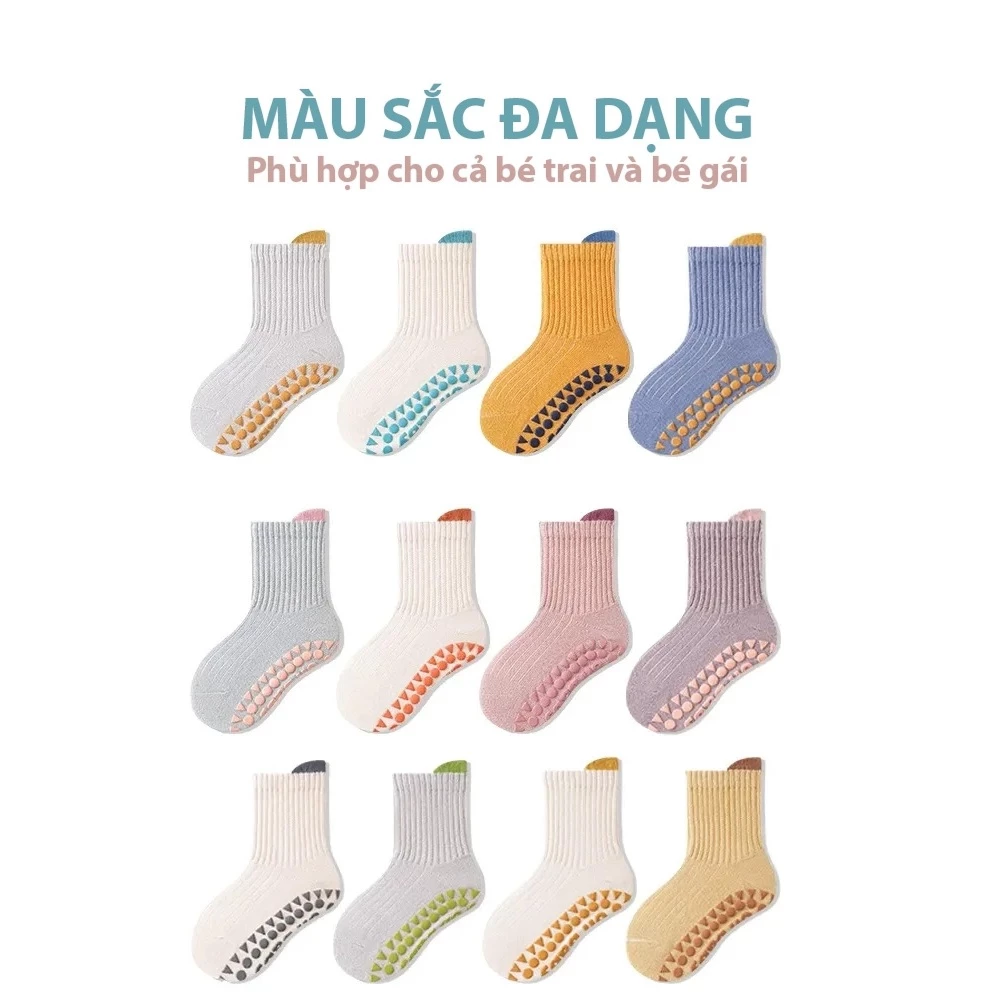Tất chống trượt cho bé Cao cấp SET 3 ĐÔI Chất liệu Cotton mềm mại co giãn phủ silicol nổi mặt đế