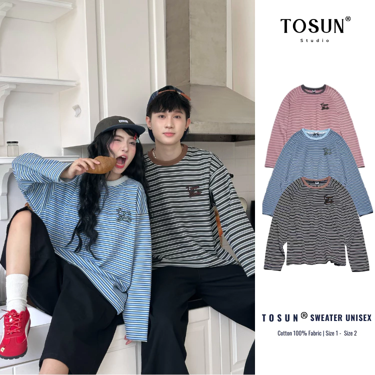 Áo Sweater Kẻ Thêu Form Rộng Unisex Áo Dài Tay Nam Nữ Cổ Tròn S41
