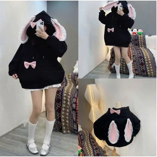ÁO KHOÁC NỈ HOODIE ZIP FOM  BOXY TAI THỎ HỒNG PHỐI REN+ KÈM NƠ SIUU CUTEE MŨ TO 2 LƠP