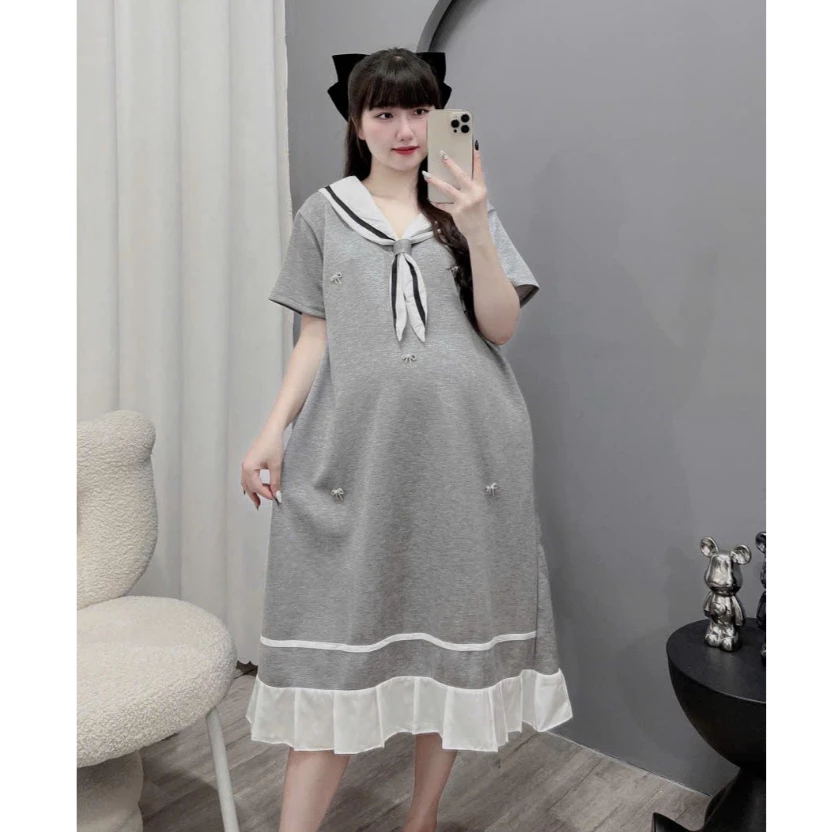 (Đủ size từ 45-100kg)Váy bầu,đầm bầu bIgsize chất cotton phối nơ xinh