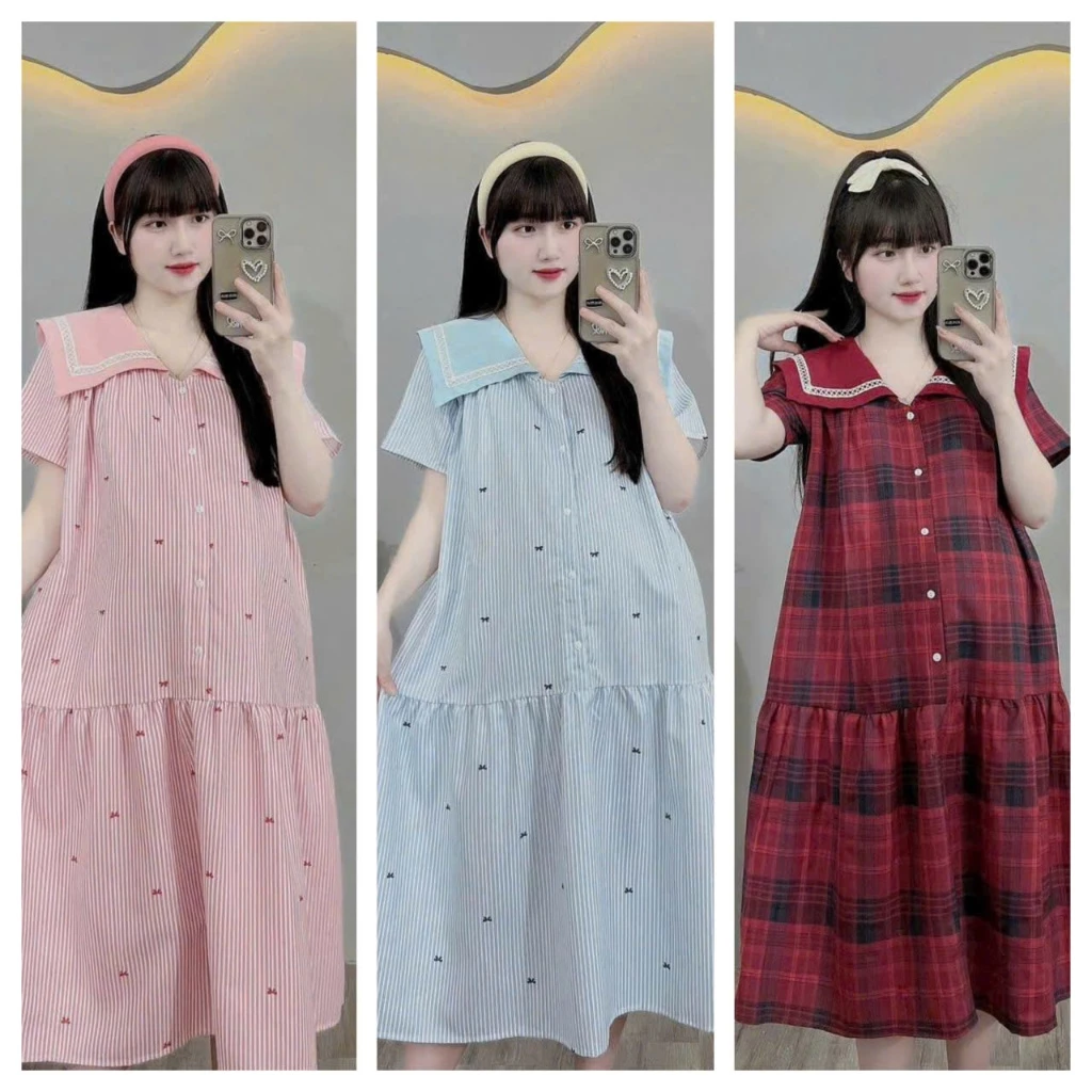 (Đủ size từ 45-100kg)Váy bầu,đầm bầu Bigsize dáng kẻ trẻ trung