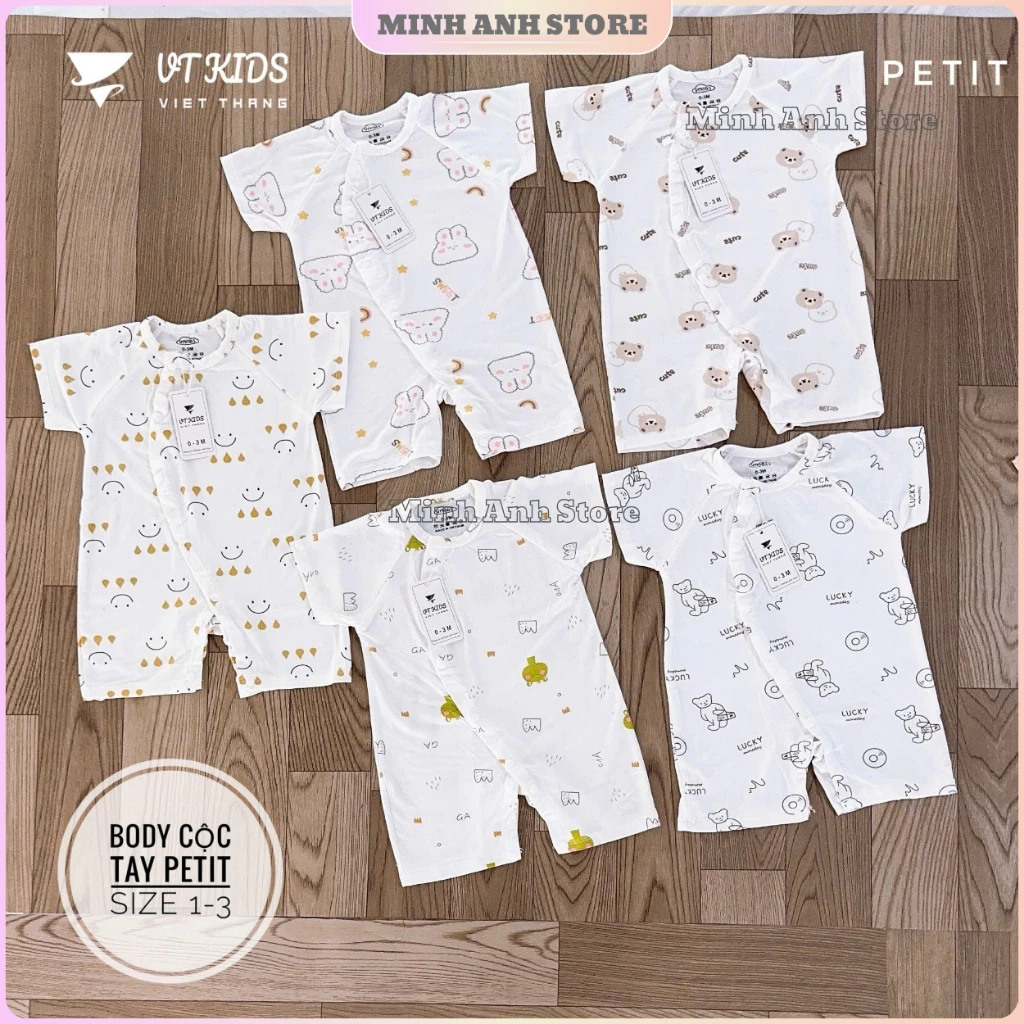 [Set 3-5] Bộ body cộc tay VT nền trắng vải petit mềm mịn thấm hút mồ hôi tốt size cho bé 3-9kg BĐCT