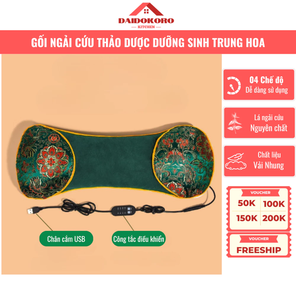 Gối Ngải Cứu Thảo Dược Dưỡng Sinh Trung Hoa Chống Đau Mỏi Vai Gáy, Dưỡng Sinh, Cắm Điện Trực Tiếp