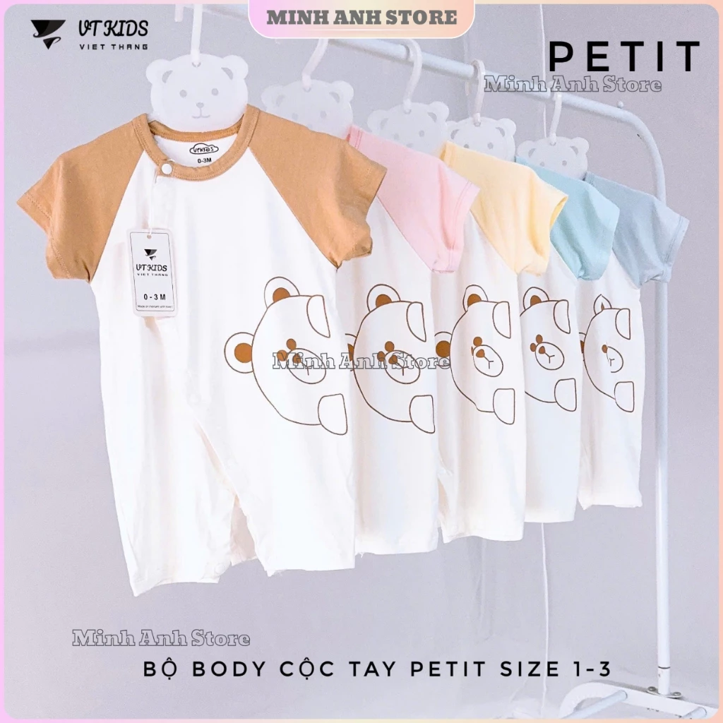 [Combo 3-5] Bộ body cộc tay VT trắng trơn phối ống tay màu vải petit mềm mịn mát size 3-9kg