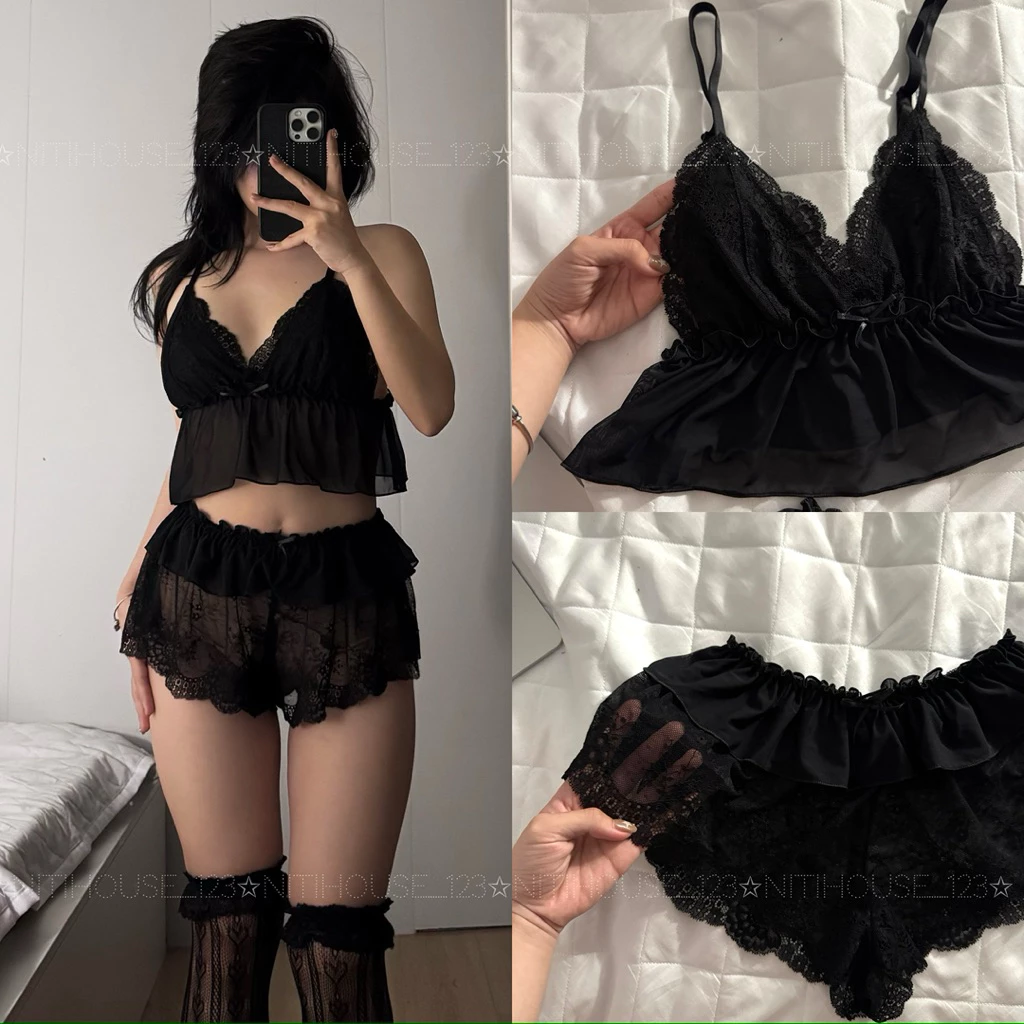[Swan Set] Bộ lót ngủ ren sexy dáng peplum thoáng mát quyến rũ xuyên thấu - CÓ CHE TÊN