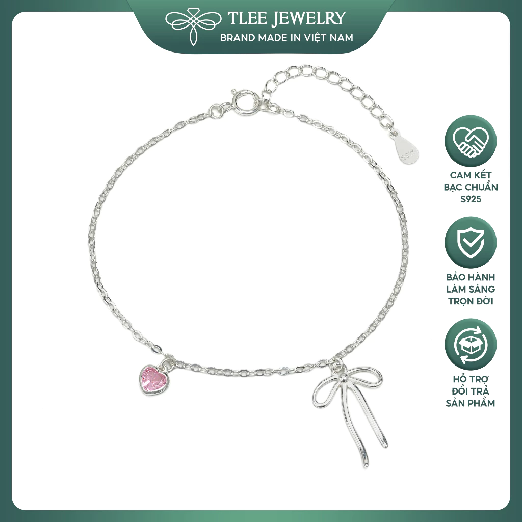 Lắc tay bạc nữ TLEE treo Charm nơ thắt và trái tim đá hồng xinh xắn, nữ tính TLEE JEWELRY LT0482