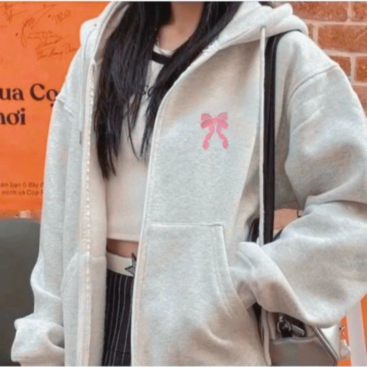 Áo khoác hoodie zip in nơ hồng form Boxy, mũ siêu to , chất liệu nỉ bông dày dặn cao cấp