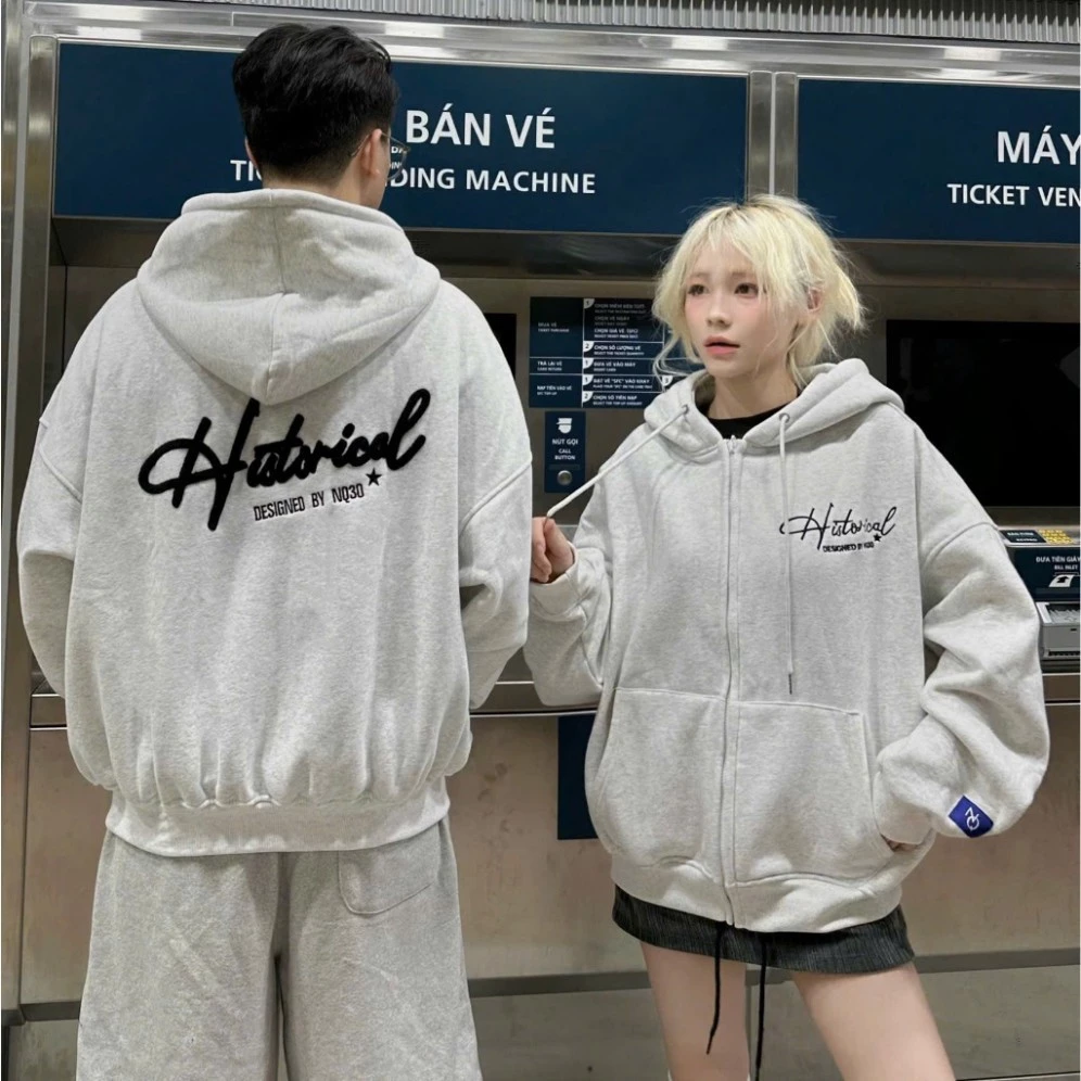 Hoodie Zip - Áo Khoác Nỉ Hoodie Zip COTTON Form Boxy Thêu Xù NQ30 HISTORICAL Form Rộng , Có Túi Trong Nam Nữ