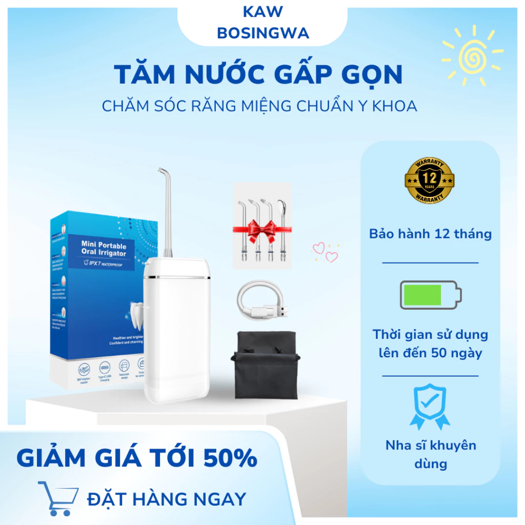 Máy tăm nước gấp gọn mini KAW 300ml, vệ sinh ranwng miệng, làm sạch sâu, loại bỏ mảng bám trên răng