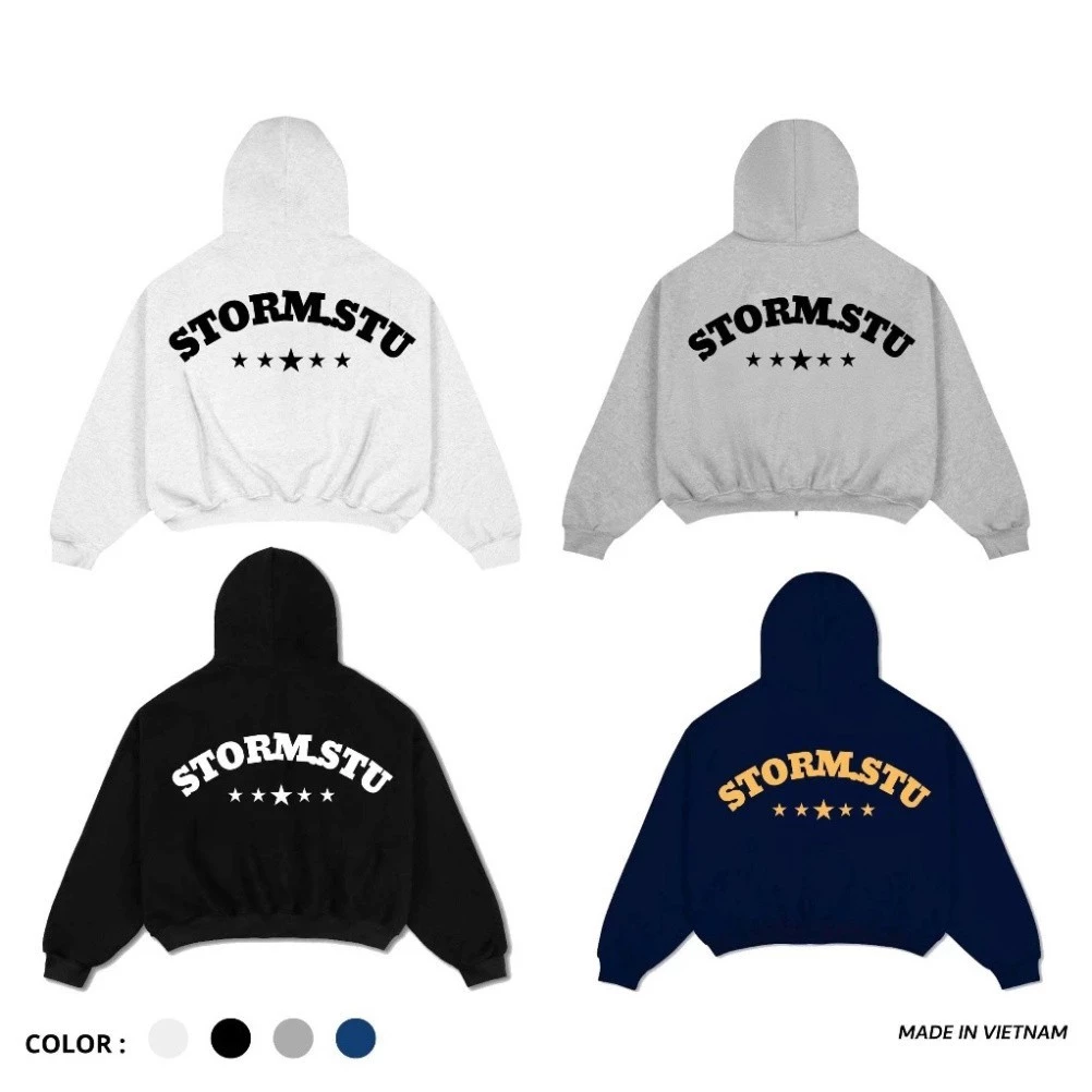 Áo Hoodie Zip Nỉ Form Rộng In Chữ STORM.STU Ulzzang Unisex Oversize