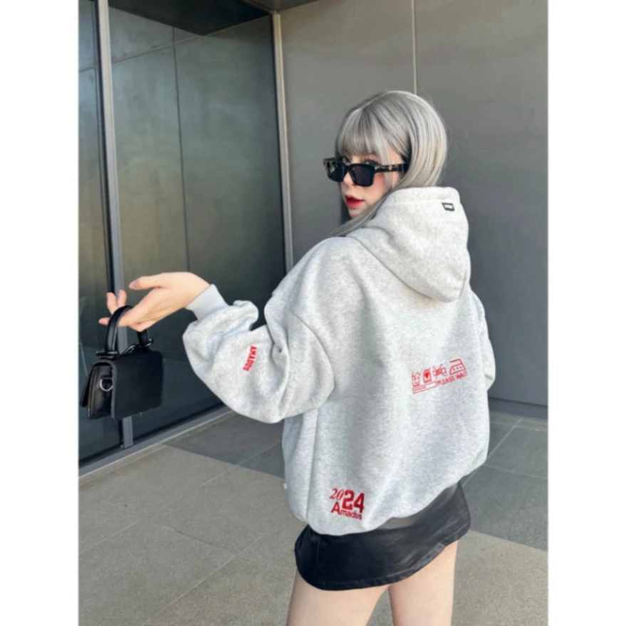 Áo Khoác Hoodie Zip Form Boxy Amadus Thêu Đắp Màu Nam Nữ Tay Phồng