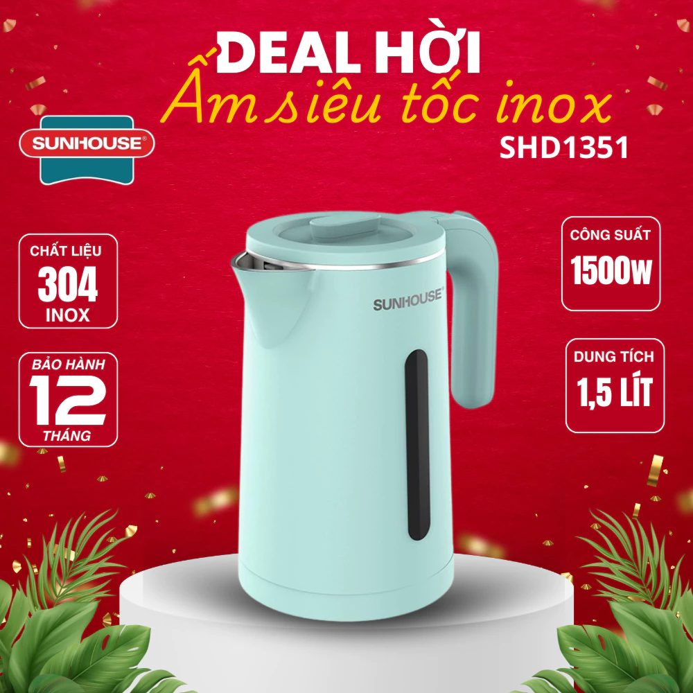Ấm siêu tốc inox 2 lớp Sunhouse SHD1351, Dung tích 1.8lít - Tự động tắt khi cạn nước hoặc quá nhiệt