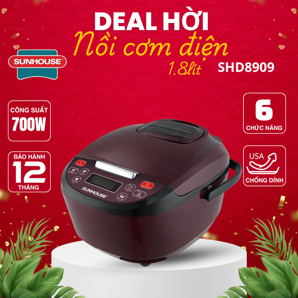 Nồi cơm điện tử 1.8L Sunhouse SHD8909 | Công suất 700W | Ruột nồi 5 lớp, phủ chống dính