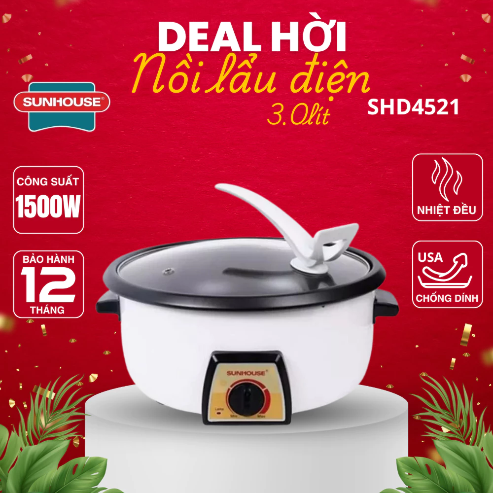Nồi lẩu điện đa năng Sunhouse SHD4521, Dung tích 3L, Lòng nồi chống dính - Bảo hành chính hãng