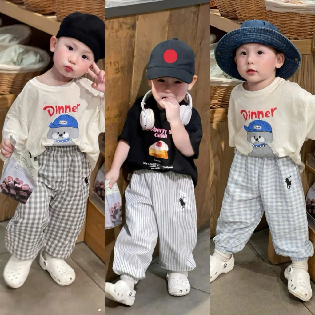 Quần đũi dài cho bé chất liệu vải đũi mềm bo gấu họa tiết hình thêu size 8-20kg cho trẻ em từ 8-20kg