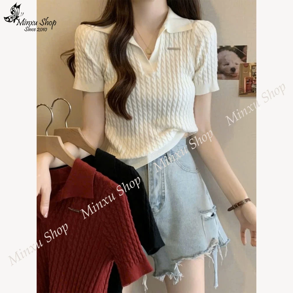 Áo Polo Nữ Cổ V Len Vặn Thừng Gắn Tag Kim Loại Hàng QC Minxu Shop POLO37