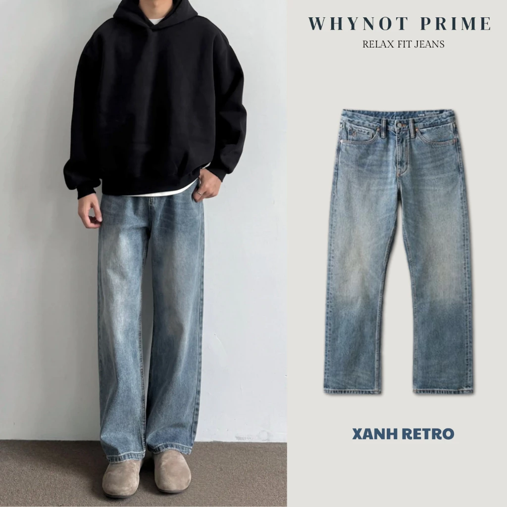Quần Jean Nam Ống Suông Đứng Xanh Retro Vintage WN PRIME, Quần Bò Nam Nữ Form Suông Rộng Có BigSize