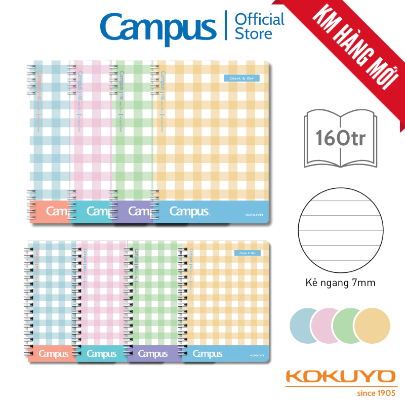 Sổ Lò Xo Check & Bar Hai Size A5 và A6, 160 Trang Dòng Kẻ Ngang Tone Màu Pastel Xinh Xắn Chính Hãng Campus