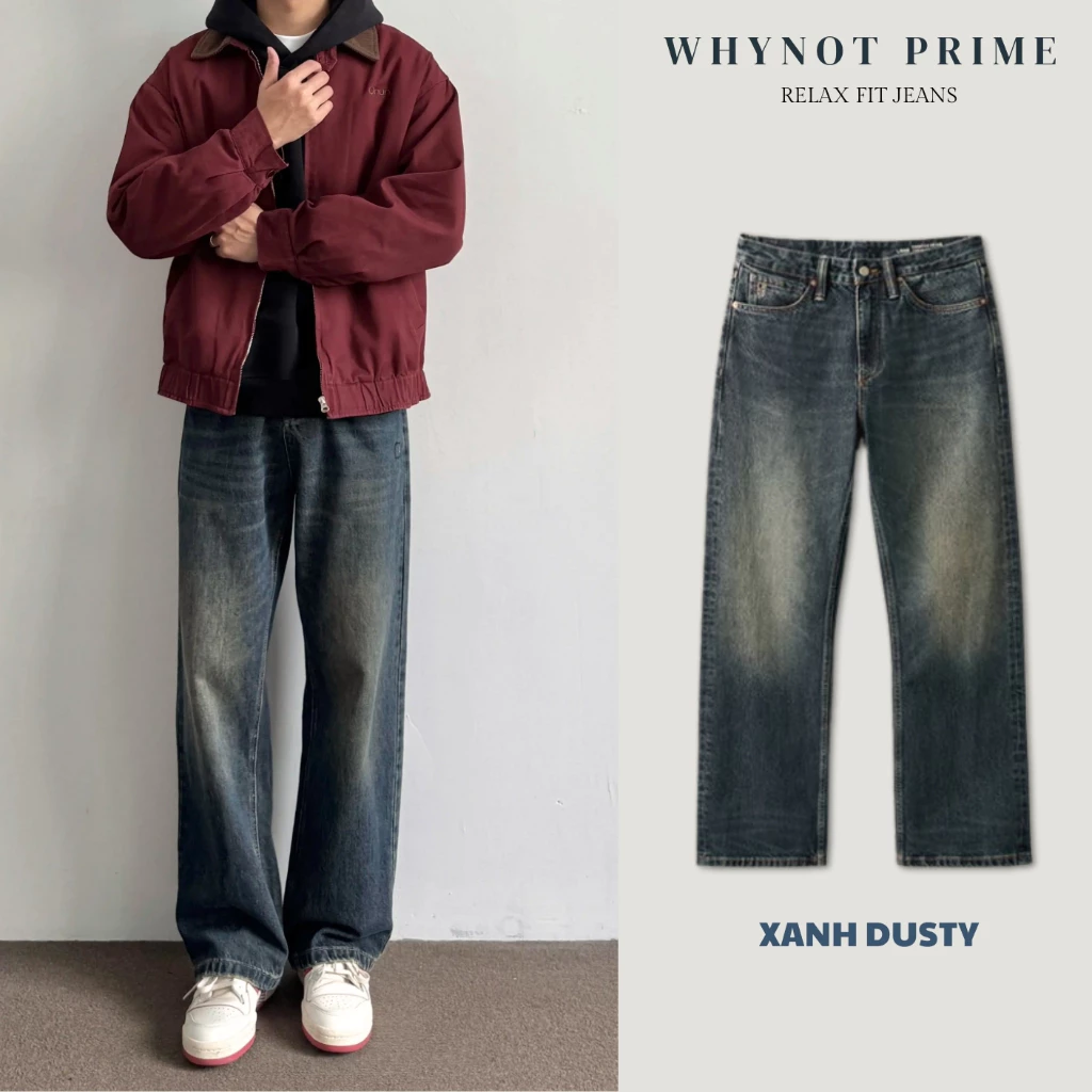 Quần Jean Nam Ống Suông Đứng Xanh Dusty Vintage WN PRIME, Quần Bò Nam Nữ Form Suông Rộng Có BigSize