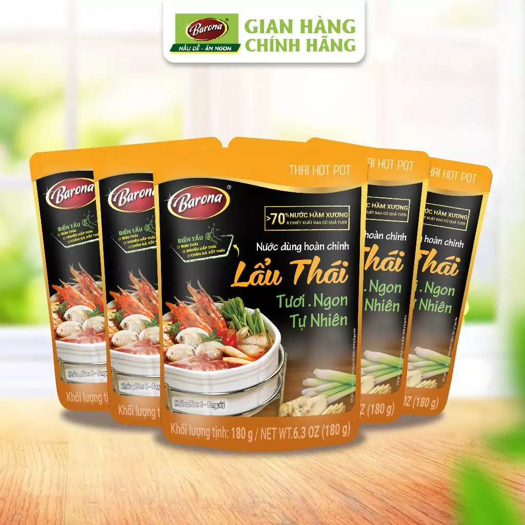 Bộ 5 gói nấu Nước dùng hoàn chỉnh Barona - Lẩu Thái 180g/gói