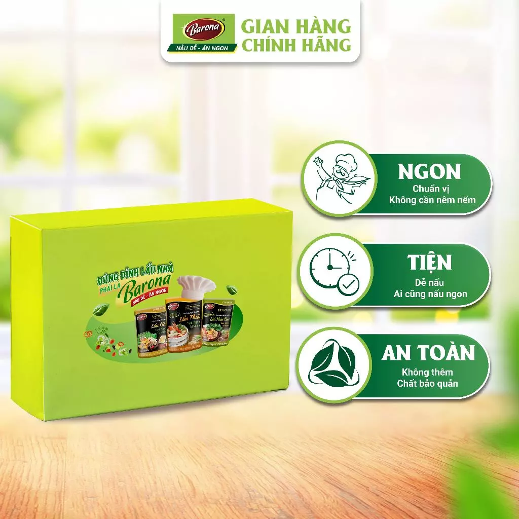 Hộp xuân 5 gói nước dùng nấu Lẩu Barona, gồm: 2 gói Lẩu Thái, 2 gói Lẩu Chua Cay, 1 gói Lẩu Kim Chi