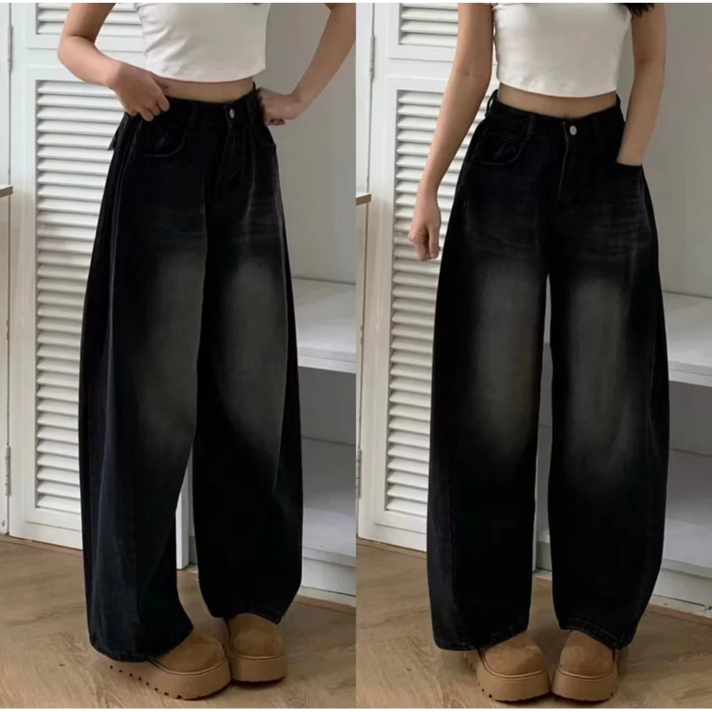 Quần jeans ống rộng,quần suông nhúm hông dáng dài basic _ X-jeans store