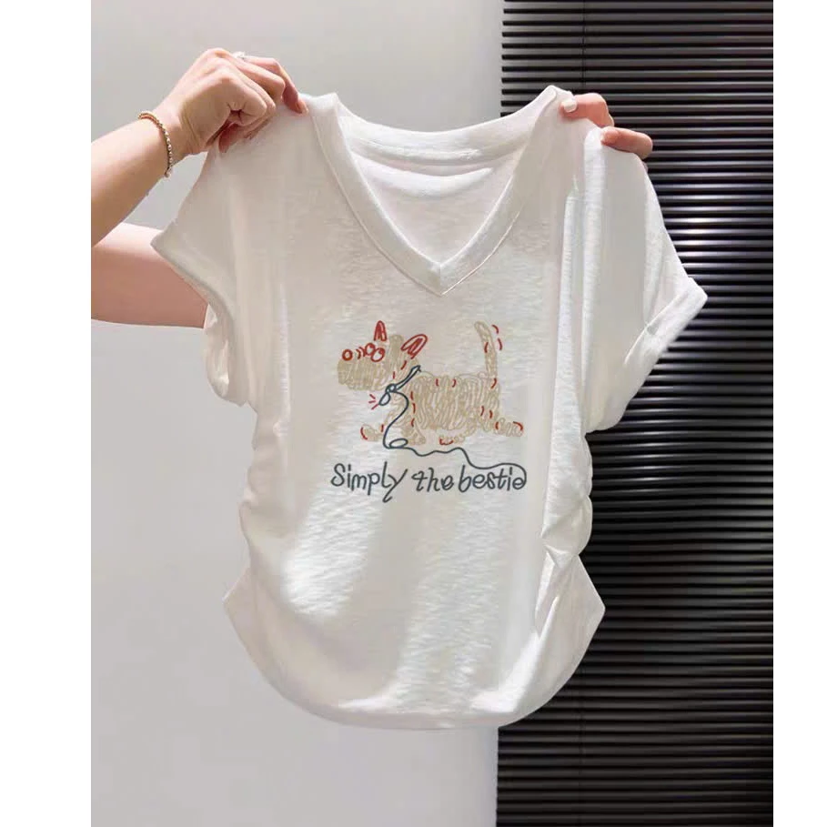 Áo thun nữ CỔ TIM RÚT EO MENINA, áo thun nữ cổ V rút eo chất xược giấy in hình thời trang.