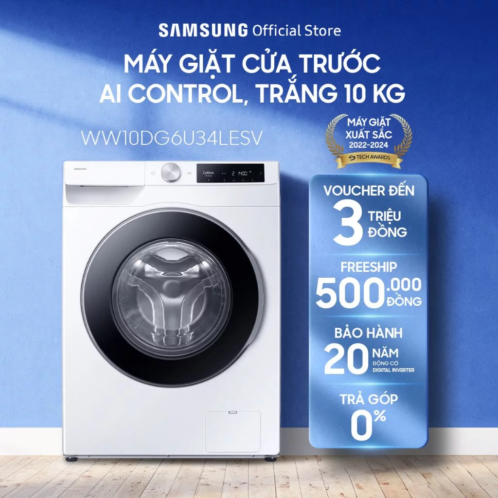 Máy giặt Samsung 10kg WW10DG6U34LESV Bespoke AI™ - Giặt hơi nước Hygiene Steam, Màu Trắng