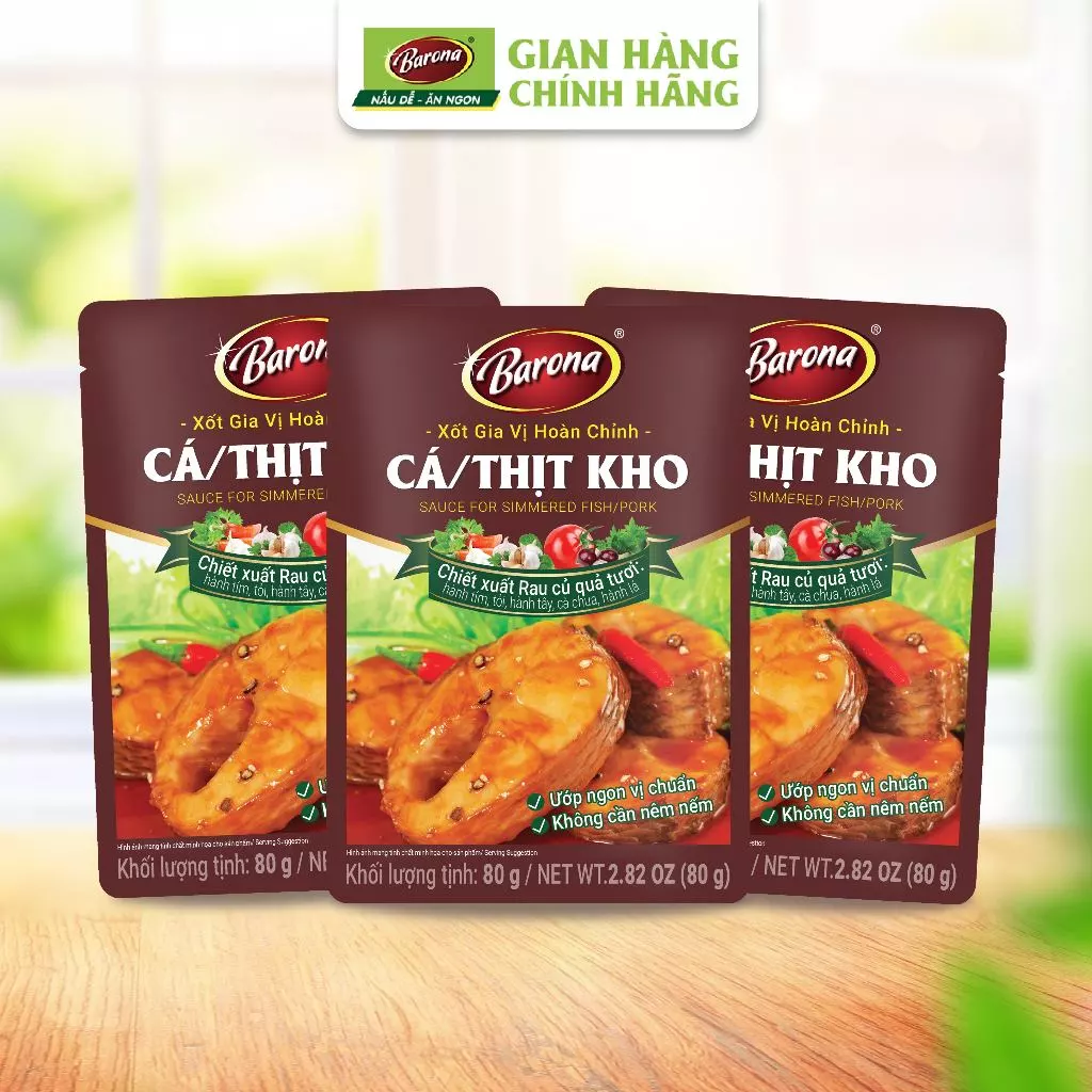 Bộ 3 gói xốt gia vị hoàn chỉnh Barona - Cá/ Thịt Kho Barona 80g/gói