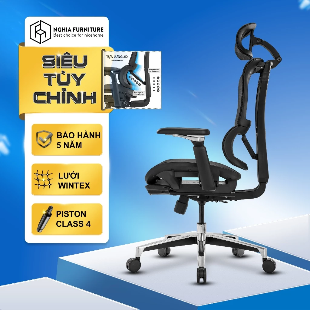 Ghế văn phòng công thái học Nghiafurniture Lumbar full tính năng bá đạo, lưới Wintex, Piston class 4