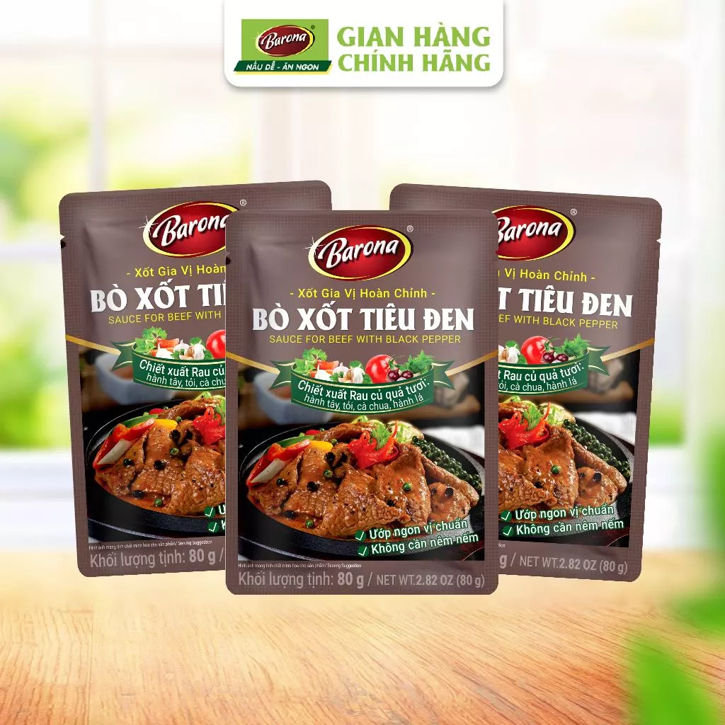 Bộ 3 Gói Xốt Gia Vị hoàn chỉnh Barona - Bò Xốt Tiêu Đen 80g/gói, ướp chuẩn vị