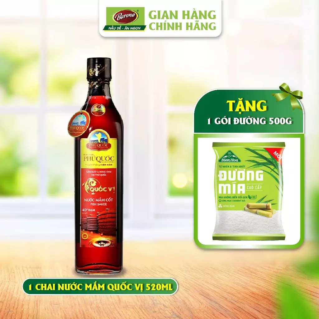 Nước Mắm Phú Quốc Quốc Vị 40 độ đạm 520ml + Tặng 1 gói Đường 500gr