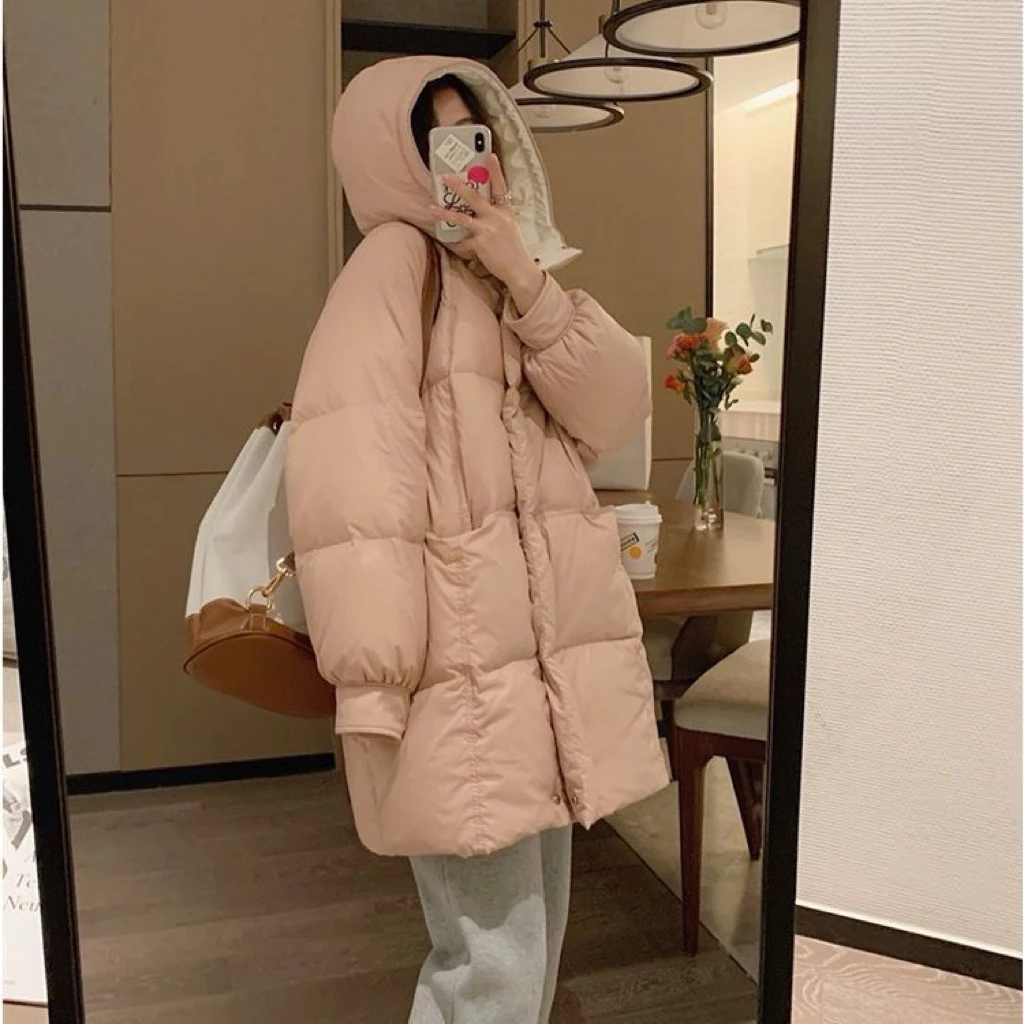 Áo phao dáng dài nữ có mũ trùm, áo khoác phao oversize giữ nhiệt mùa đông form rộng hàng quảng châu sale đầu mùa