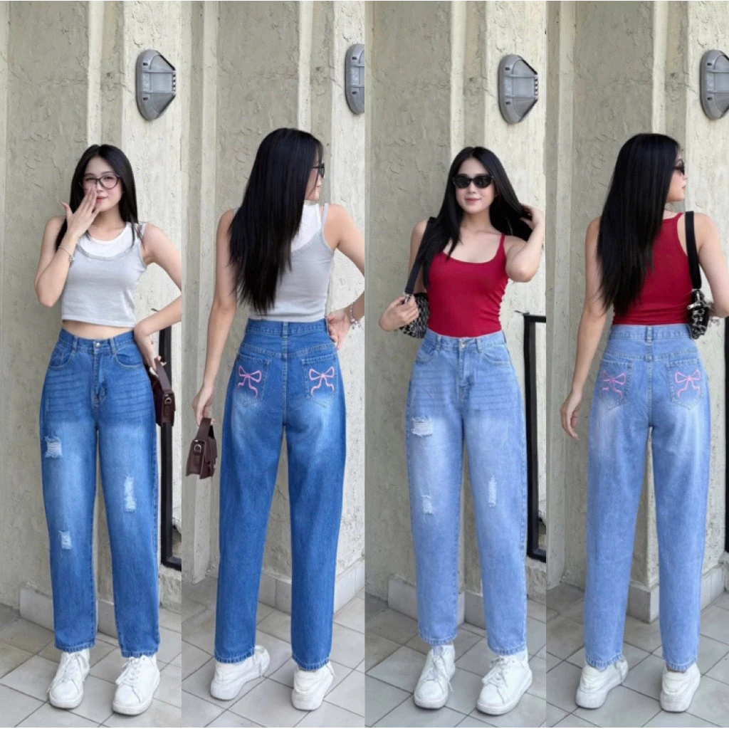 Quần baggy nữ khóa kéo lưng cao hách dáng phối thêu hoạ tiết NƠ Hồng ở túi sau (068) chất vải jean cotong không co giãn